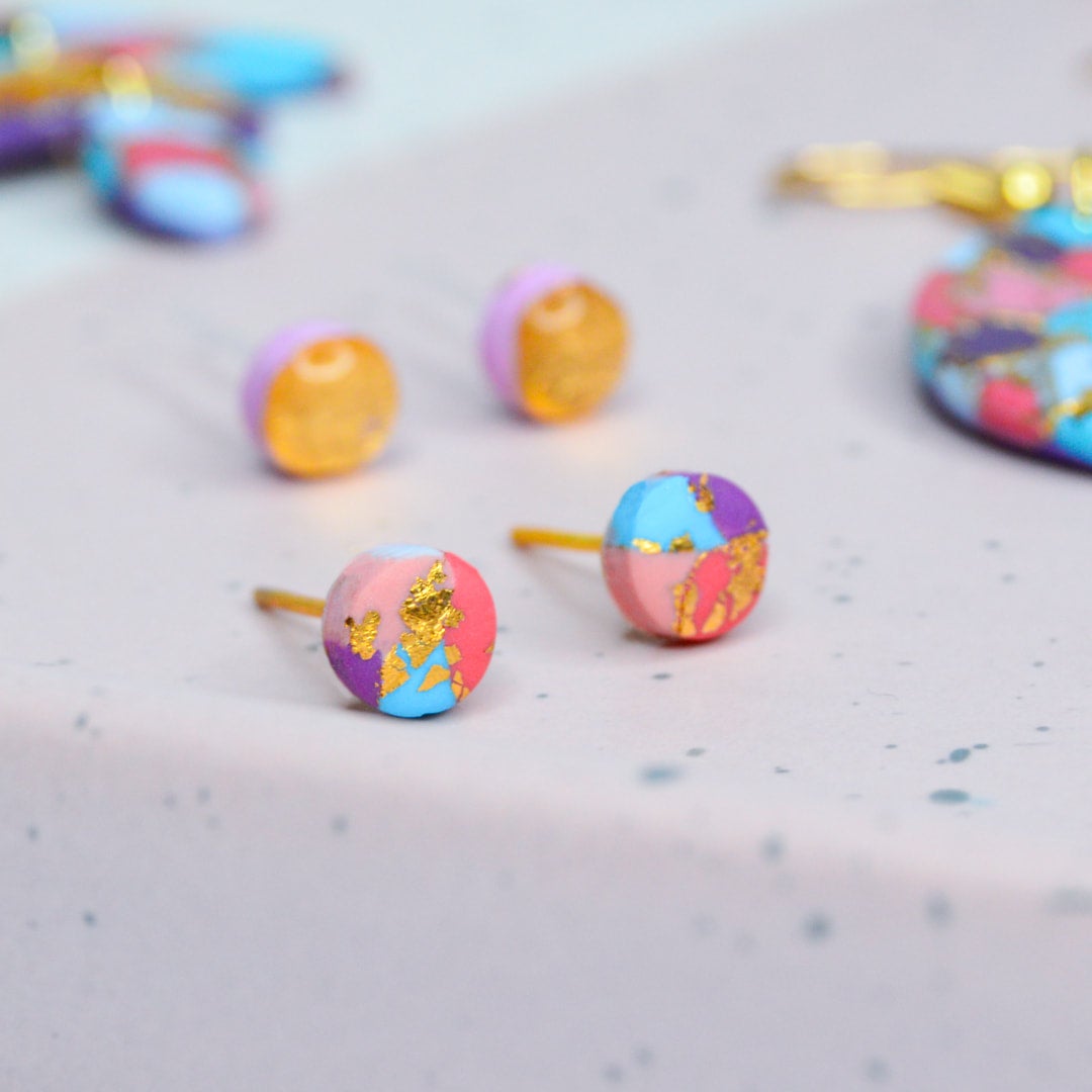 Lila Polymer Clay Small Stud Earrings Multi Coloured Clay and Jewel