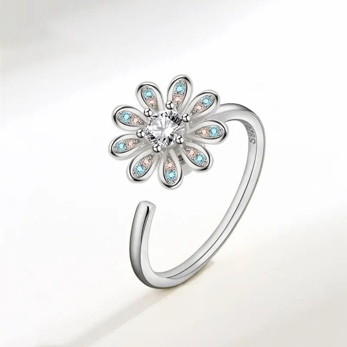 Adjustable Anxiety Fidget Spinner Silver Blue Flower Silver Plated Stainless Steel Ring Clay and Jewel